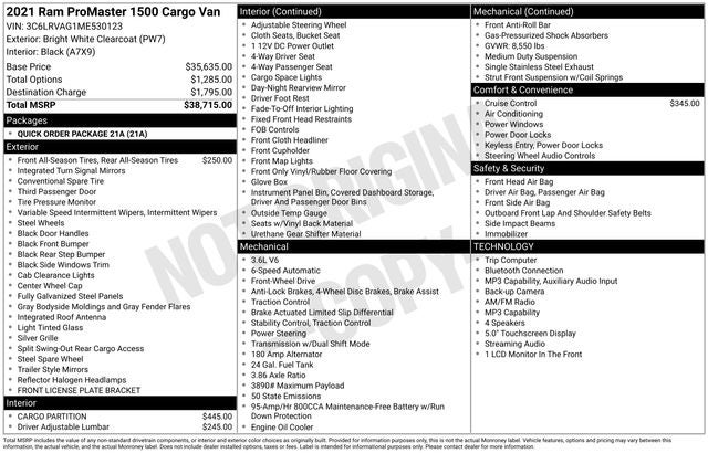 2021 RAM ProMaster 1500 Low Roof