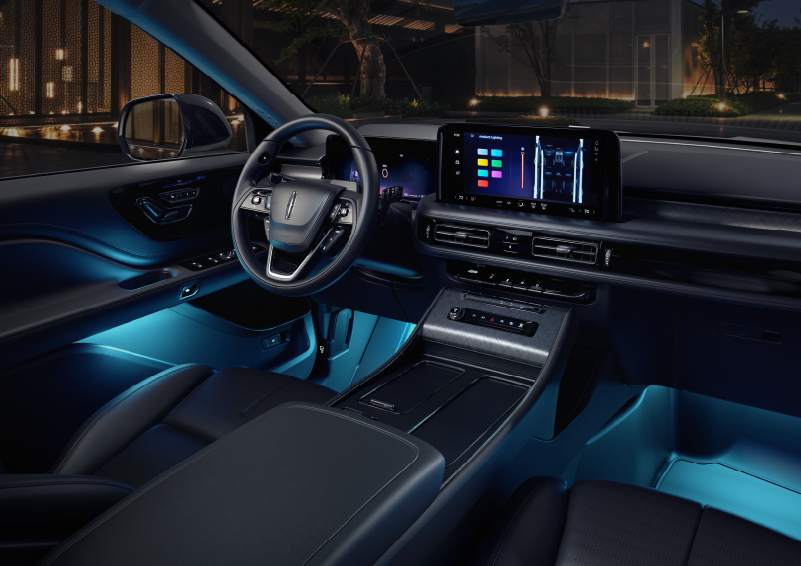 Deep blue ambient lighting glows from various places within a 2025 Lincoln Aviator® SUV. | Nick Mayer Lincoln Westlake in Westlake OH