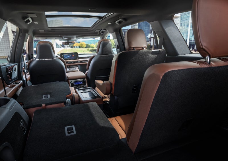 The interior of the 2025 Lincoln Aviator® SUV is shown with two seats folded down for added space. | Nick Mayer Lincoln Westlake in Westlake OH