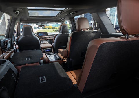 The interior of the 2025 Lincoln Aviator® SUV is shown with two seats folded down for added space. | Nick Mayer Lincoln Westlake in Westlake OH