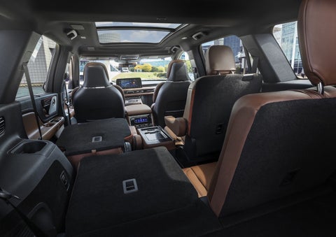 One side of the PowerFold® third-row seat and a second-row seat are folded forward in the 2026 Lincoln Aviator® SUV. | Nick Mayer Lincoln Westlake in Westlake OH