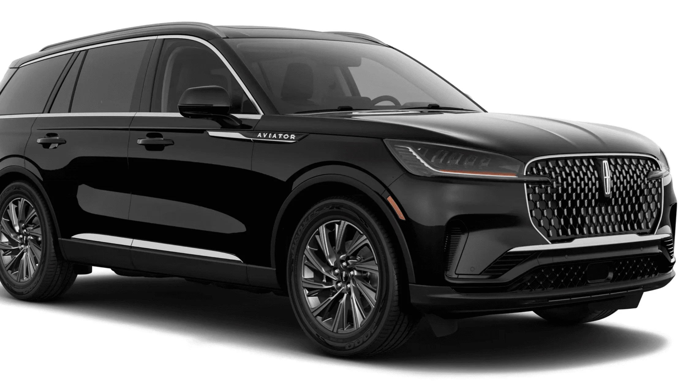 2025 Lincoln Aviator® Premiere SUV in black shown from front passenger-side view on white backdrop