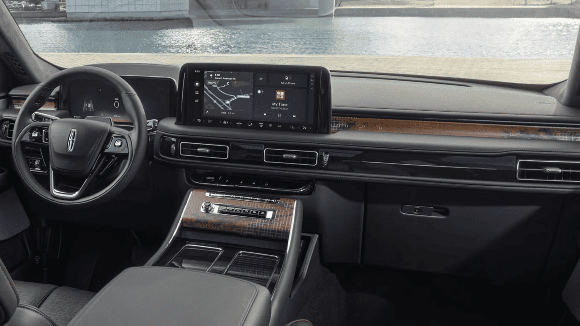 2025 Lincoln Black Label Aviator® front interior angle highlighting center console and digital screen.