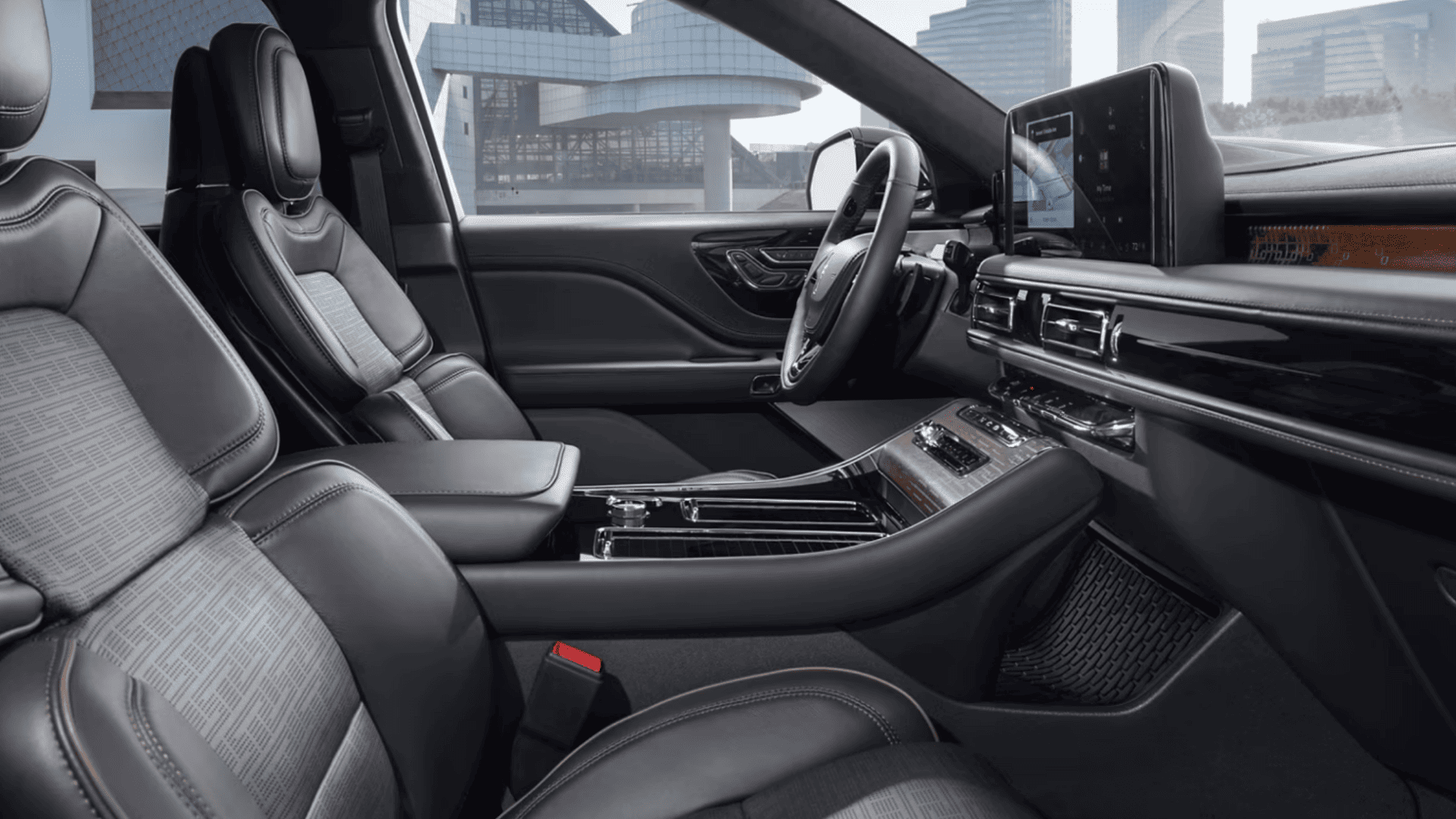 2025 Lincoln Black Label Aviator® interior showing premium leather seats and modern cockpit layout.