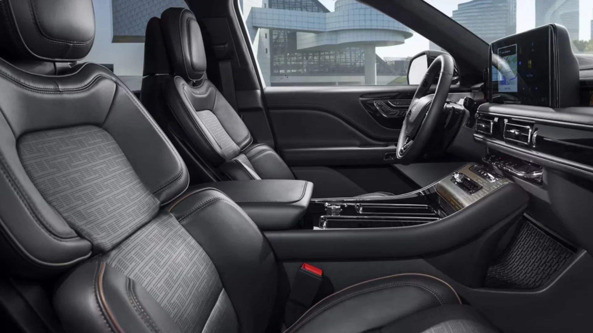 Close-up interior view of the 2025 Black Label Aviator® showcasing its premium leather seating, detailed stitching, and upscale cabin materials.