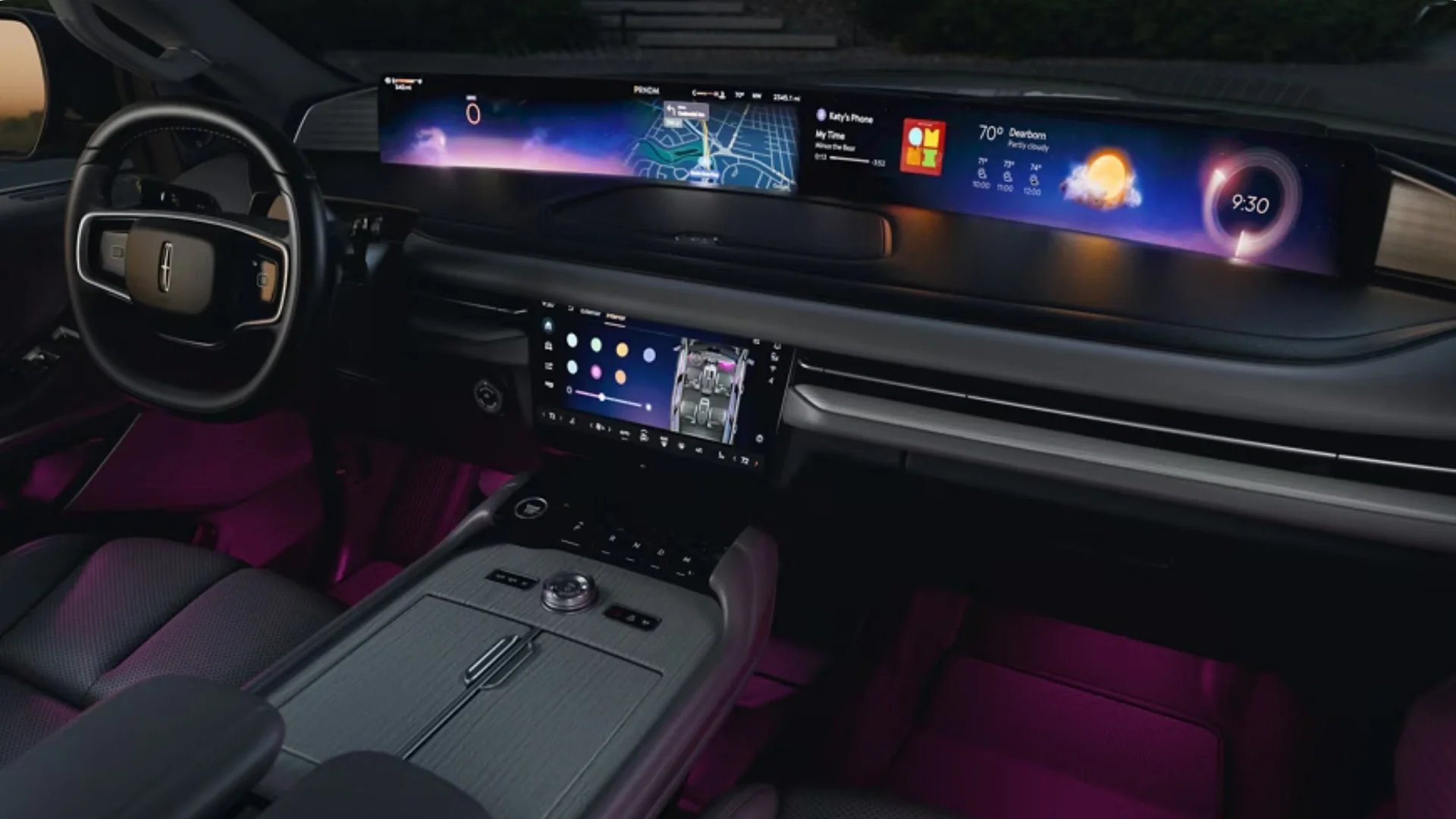 Wide interior view of the 2025 Navigator® Reserve showcasing its panoramic display, ambient lighting, and premium dashboard layout.