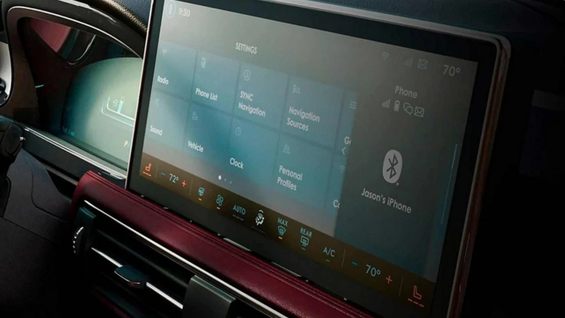 Close-up of the 2025 Lincoln Corsair® Reserve infotainment system highlighting its large touchscreen display with SYNC navigation, Bluetooth connectivity, and modern climate controls.